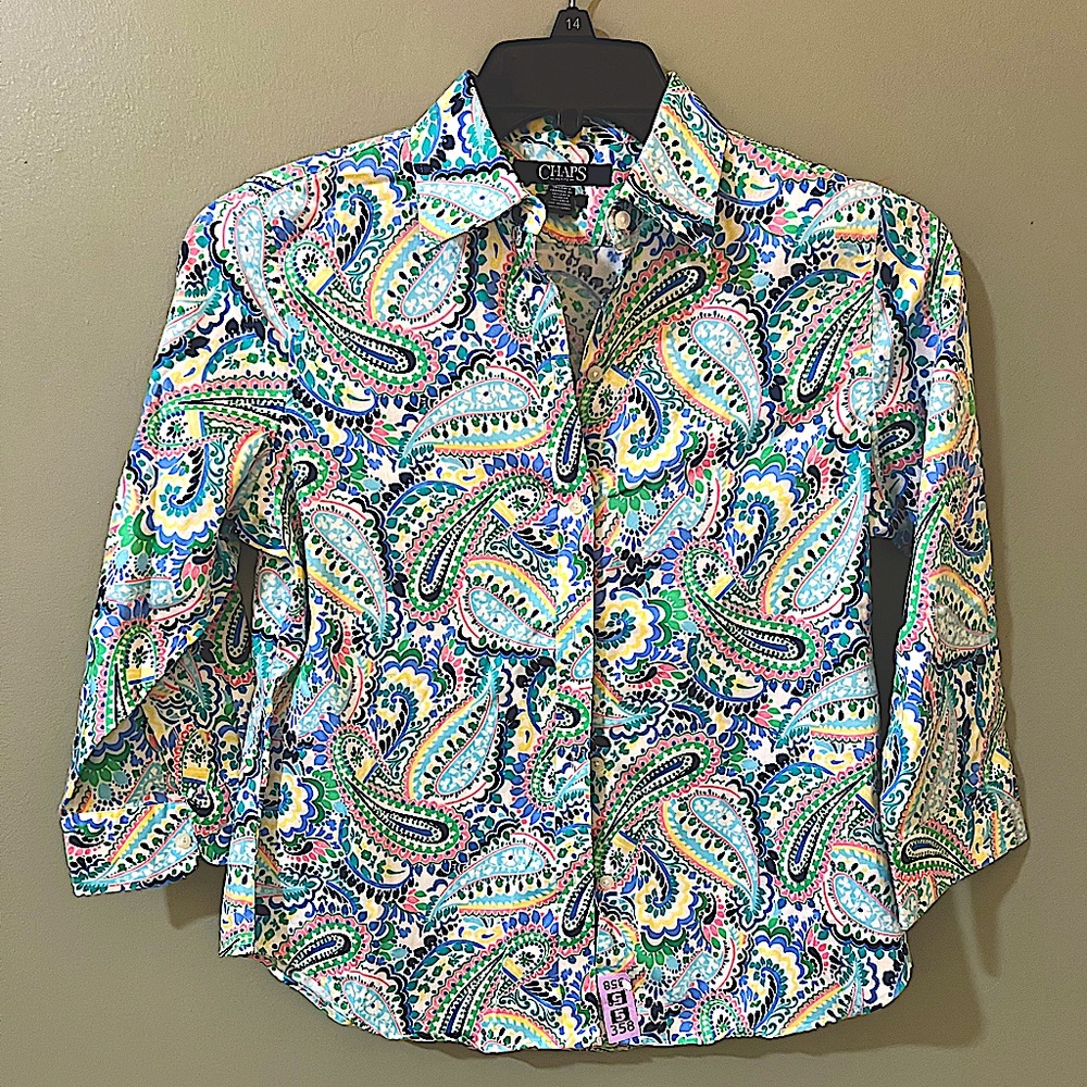 Chaps Long Sleeve Button-Down Shirt Pastel Paisley Print Size MP
